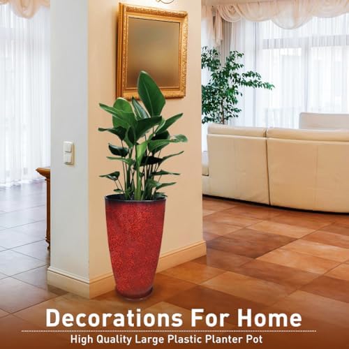 2 Pcs Pack 21 Inches Plastic Resin Tall Tapered Planter Pots Large Round Planter Flower Pot with Drainage Holes for Indoor Outdoor Deck Porch Yard Office Garden Home Patio Front Door (Red, L) - Image 3
