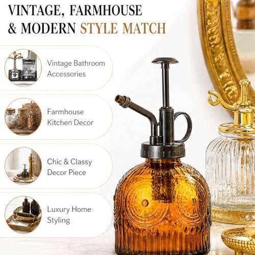Vintage Glass Spray Bottle with Metal Pump – Retro Embossed Plant Mister, Thick Clear Glass Water Sprayer for Indoor Plants & Home Decor, Refillable Fine Mist Sprayer (3PCS) - Image 3