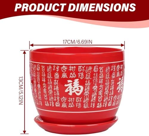 Plant Pot,Ceramic Pots for Plants, Ceramic Planter with Drainage Hole and Saucer, Home/Garden Outdoor Decorative, Tray for Wedding,Outside Chinese Characters Meaning Fortune - Image 4