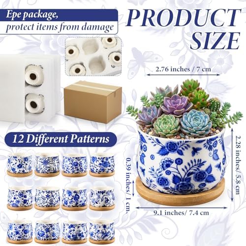 12 Pcs 3" Ceramic Chinoiserie Succulent Plant Pot Blue and White Porcelain Planter with Bamboo Tray Drainage Hole Mini Chinese Flower Jardiniere for Cactus Herbs Home Office Indoor Decor - Image 2