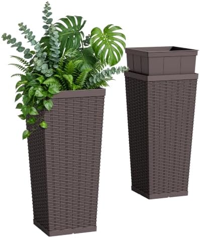 Flamaker 24“ Tall Plastic Planters with Drainage Holes Front Porch Set of 2 by Flamaker