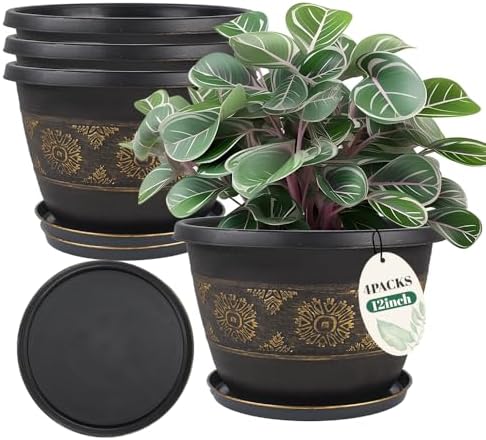 Usocik 12 Inch Plant Pots, 4 Pack, Gold Retro Floral by Usocik