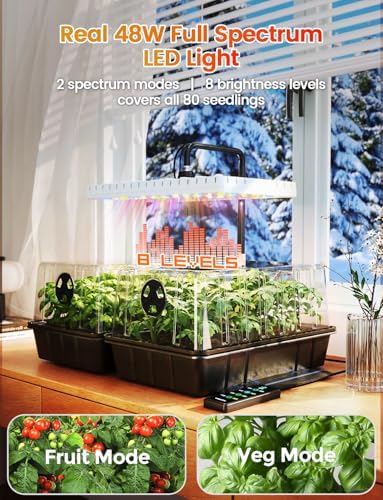 MetryGrow 48W Full Spectrum LED Grow Light Seed Starter Kit, 80-Cell Tray with 30W Heating Mat & Adjustable Dome, Waterproof Germination System for Healthy Indoor Seedlings - Image 2