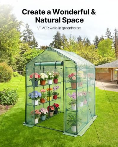 VEVOR Walk-in Greenhouse, 55.5" x 56.1" x 78.7" Greenhouse for Outdoors with PE Cover, 2 Tiers 8 Shelves, Roll-Up Zipper Door, Walk in Green House, Portable Plant Garden Hot House for Backyard Outside - Image 2