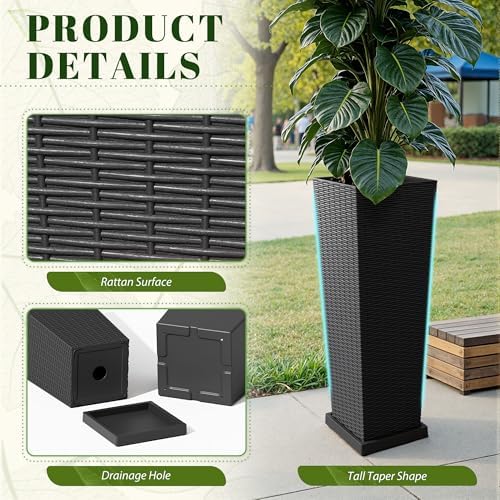 JUMMICO 32" Front Porch Resin Rattan Tall Planters 2 Pack, Inner&Outer Tray - Image 3