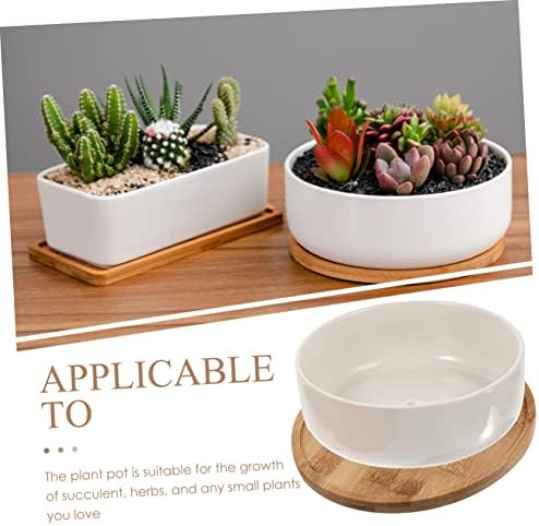 Gatuida Ceramic Succulent Planter Pot Garden Ceramic Plant Pots Bamboo Tray Small Bonsai - Image 5