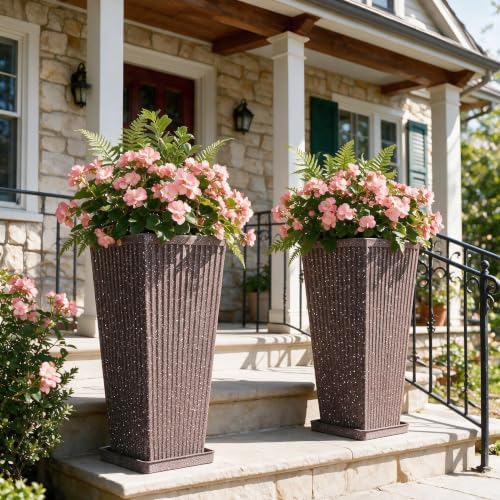 24" Tapered Tall Planters for Outdoor Plants with Tray&Shelf, Brown by Diyfire