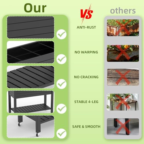 Vixzen Raised Garden Bed Planter Box Elevated Resin Outdoor Plant Stand with Wheels Drainage Water Gauge Storage Shelf Legs Gardening Patio(Black) - Image 6
