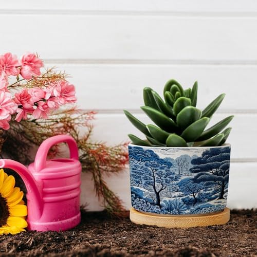 Blue and White Indigo Chinoiserie Ceramic Planters Navy Chinoiserie Pine Tree Snake Plant Live Indoor with Pot with Drainage Holes and Saucers Pot for Home Office Desk Garden - Image 5