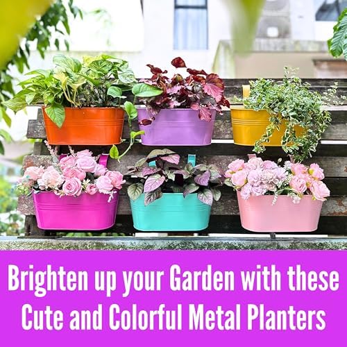 LaLaGreen Balcony Rail Planter (11.2 in, 6 Pack) Rainbow Metal Flower Pots - Image 4