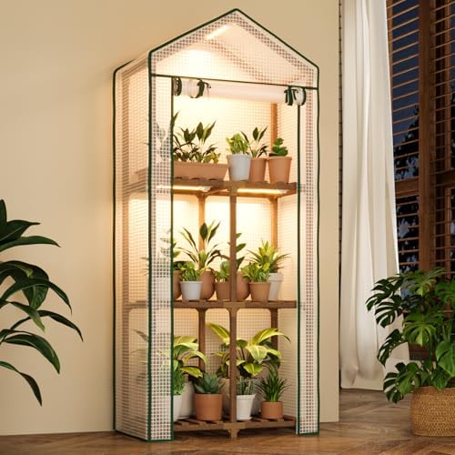 Bamworld Mini Greenhouse with Grow Light Plant Stand for Mutiple Pots Outdoor 3-Tier Portable Greenhouses with Durable PE Cover for Seedling Ideal Gardening Gifts for Women Men by Bamworld