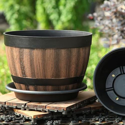 Plant Pot Faux Whiskey Barrel Shape Garden Pots and Planters, Plastic Indoor Outdoor Yard Patio Flowerpot Flower Pot Barrel Planter 12×12×8.9” - Image 3