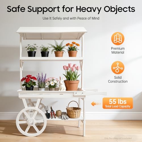 Flower Cart Display Stand with Wheels, 3-Tier Wooden Retro - Image 2