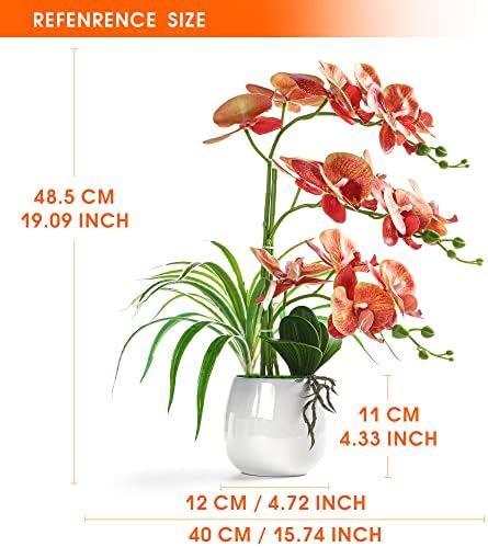 W&W Artificial Orchid Plants and Flowers with Vase, Fake Faux Orchid in Ceramic Pot,19”, Orange - Image 3