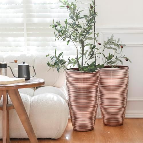 SUN-E Tall Planters for Outdoor Plants 2Pack, 21-Inch Large Striped Planter with Removable Insert Shelf,Ribbed Coffee&Milk Finish Tall Flower Pots for Front Porch Deck Boho Home Decor For Plant Lovers - Image 7