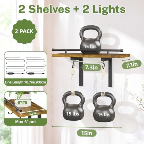 iDavosic.ly Wall Plant Holder with Grow Light 2 Pack, Floating Shelf, Brown - Image 2