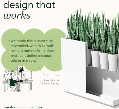 Veradek Block Series Span Plastic Planter - Tall Rectangular Planter for Indoor or Outdoor Patio/Porch, White, 24.25 in Height, 12 in Width, 30 in Length - Image 3