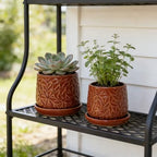 Handmade Ceramic Flower Pot with Leaf Pattern, 6 8 Inch Diameter, Rust Red Color for Orchids, Indoor,Outdoor Use on Windowsills Bookshelves, Breathable Clay with Saucer - Image 2