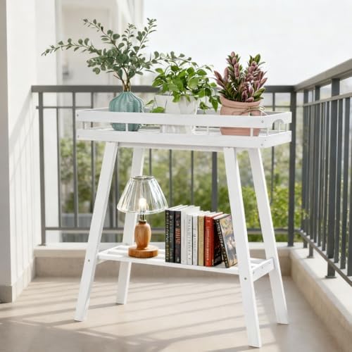 BAMBANG Bamboo Plant Stand Indoor, 2 Tier Small Plant Table, Tall Plant Stand for Indoor Plants, Window Sill Plant Shelf, Flower Pot Holder Plant Bench Plant Rack for Living Room, White - Image 2