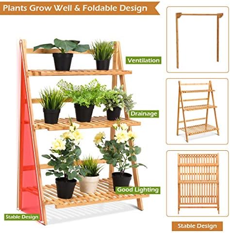GIANTEX 3-Tier Hanging Bamboo Plant Stand Storage Shelf, Folding Design - Image 4