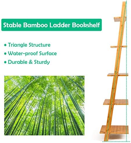 Tangkula Bamboo 5-Tier Ladder Shelf Bookshelf, Wall-Leaning Bookshelf, Plant Flower Stand, Storage Display Shelves for Living Room Bathroom Office, Multifunctional Ladder Bookcase (Natural) - Image 6