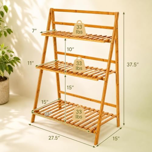 COSTWAY Bamboo Plant Stand, Foldable Multifunctional Flower Display Ladder Shelf, 3-Tier Storage Rack - Image 7