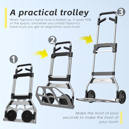 Teprovo Folding Hand Truck Dolly Cart,340LB Capacity Portable Aluminum Dolly Cart with Telescoping Handle and 7 Inch Rubber Wheels for Moving,Shopping,Travel,Office Use - Image 4