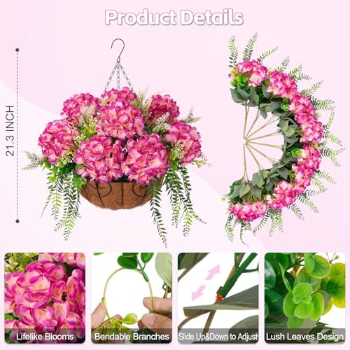 Ammyoo Artificial Fuchsia Hydrangea Flowers with Hanging Basket for Decor - Image 3