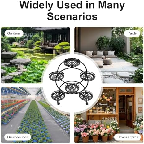 Metal Plant Stands 6 Pots Plants Flower Holder 4 Tier Display Shelf Rack with Wheels for Patio Garden Yard Home Decor Indoor And Outdoor, Round Black - Image 7