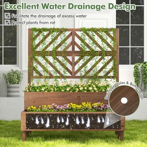 Raised Garden Bed with Trellis & 2 Planter Boxes, 2-Tier Outdoor Wooden Elevated Planter Box with Legs & Drainage Holes, Gardening Planters for Flowers, Herbs, Vegetables & Fruits(Brown) - Image 6