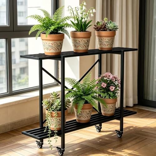 Zhongma 2 Tier Window Height Metal Plant Stand with wheels easy assembly by Zhongma