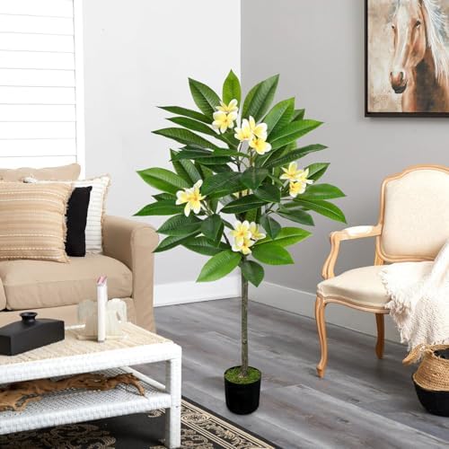 Briful Artificial Plants Indoor 4.17ft Fake Tropical Plumeria Flowers Tree in Black Pot Hawaiian Yellow Plumeria Faux Frangipani Tree Potted Floor Plant for Home Office Wedding Decor - Image 2