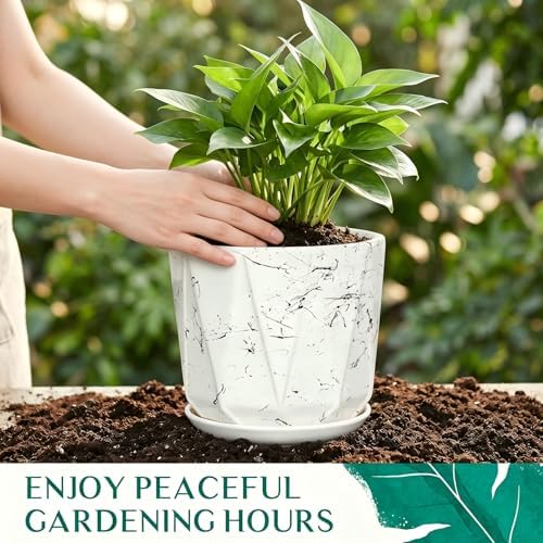 10 Inch Ceramic Plant Pot with Drainage Hole Mesh Net, Large Flower Pots for Indoor Plants with Saucer, Gardening Pots Outdoor (White Silk) - Image 5