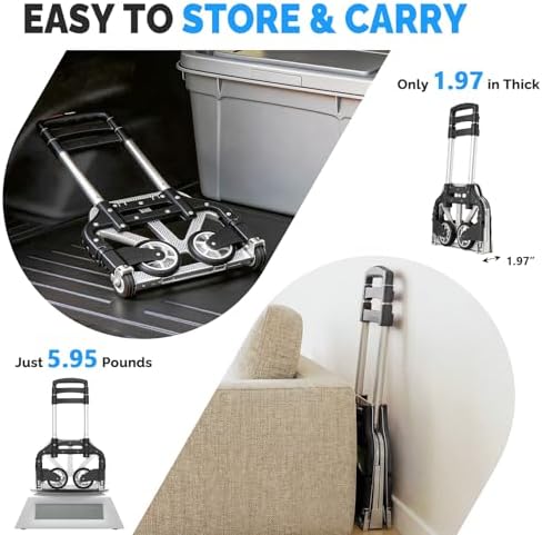 FCH Folding Hand Truck Aluminum Portable Folding Hand Cart 165lbs Capacity Hand Cart and Dolly Ideal for Home, Auto, Office,Travel Use,Black - Image 3