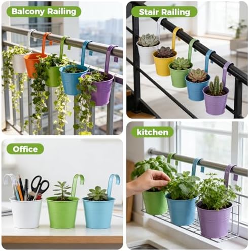 12 Pack Balcony Planters Railing Hanging, Colorful Railing Planter 6.4 Inch Plant Pots with Drainage Holes Hanging Plant Holder Indoor Hanging Planter Outdoor Flower Pots - Image 6