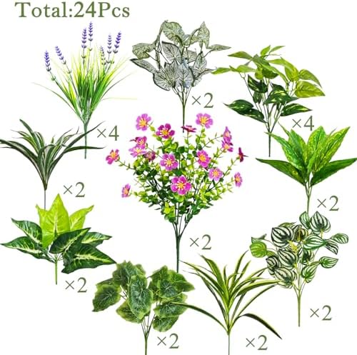 24 Pcs Artificial Plants for Outdoors Faux Greenery Leaves UV Resistant Realistic Plastic Large Bunches Shrubs Bushes with Flowers, Fake Plants Decor Outdoor for Front Porch Door Patio Garden Yard - Image 3