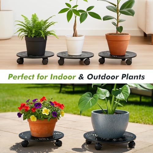 Planterhoma 1 Pack 15 Inch Large Metal Plant Caddy with Wheels Heavy-Duty Rolling Plant Stand with Casters Flower Pot Mover Roller Base Flower Pot Dolly Coaster Trolley, Tropical Leaf - Image 5