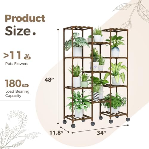 Bamworld Plant Stand With Wheels Indoor Outdoor Wood Plants Shelf for Multiple Plants 11 Pots,Tall Large Flower Holder for Living Room, Patio, Balcony, Garden - Image 4