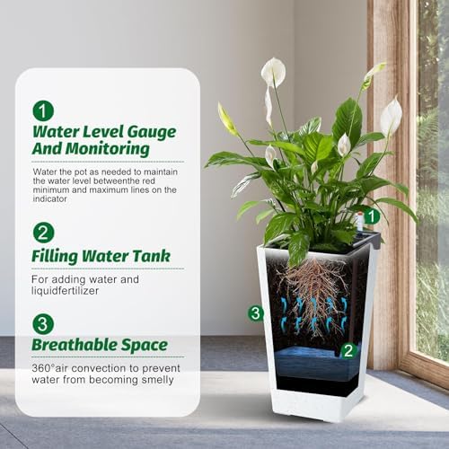 Self-Watering Tall Planters Set of 2, 22.5" Large Indoor & Outdoor Flower Pots with Water Level Monitor, Drainage Holes, Inner Bucket & Movable Wheels, for Patio Home Décor, White - Image 6