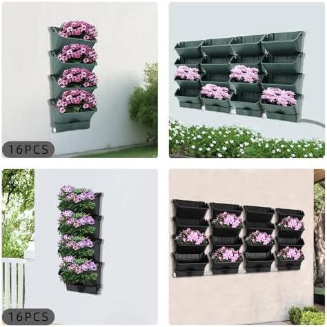 16 Pack Hanging Vertical Wall Planter, Vertical Garden Planter with 4 Drainage Tray, for Patio Outdoor Decor, Home Black Plastic Balcony Pot - Image 6