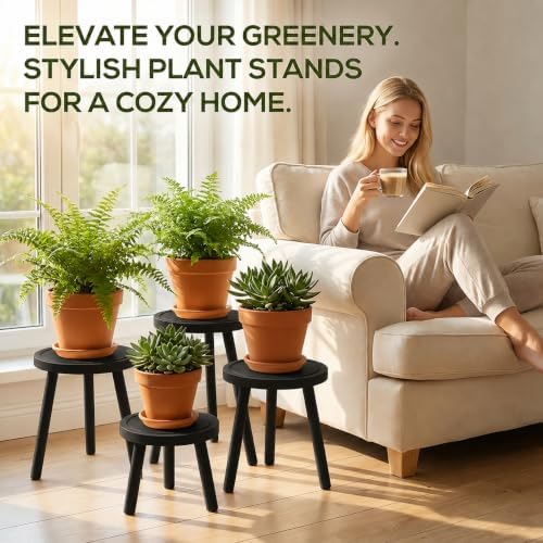 Amdermi 3-Pack4-pack Wood Plant Stands Indoor, Single Plant Stand for 6-12 Inch Pots, Mid-Century Modern Plant Stool, Tall Plant Stand for Large Plants for Living Room, Balcony, Office (3, black) - Image 4