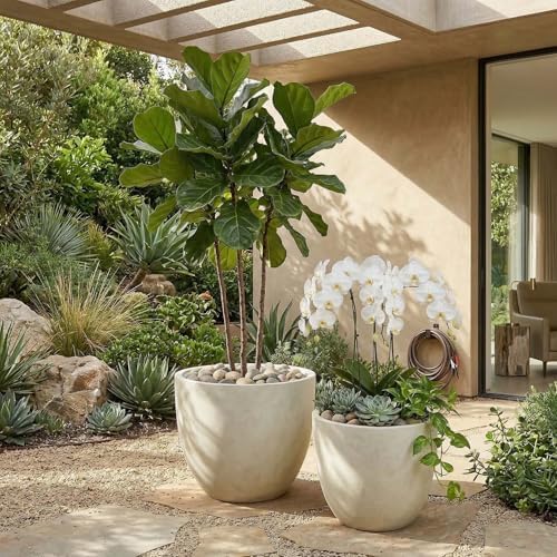 14" Round Concrete Outdoor Planter Pots Set of 2, Rustic Large Planter Pots for Outdoor Plants with Drainage Holes for Home Front Porch Garden Patio, White - Image 2