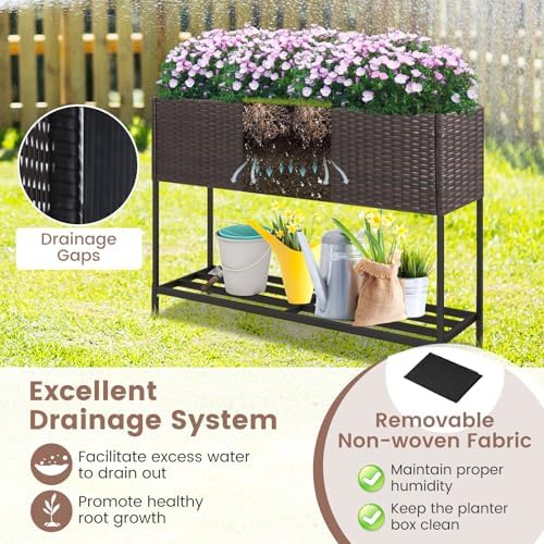 GIANTEX Raised Garden Bed with Legs, 40" x 12" Rattan Elevated Planter Box w/Storage Shelf, Removable Liner, Drainage Gaps for Vegetables, Flowers & Herbs, Outdoor Planting Stand for Backyard Patio - Image 5