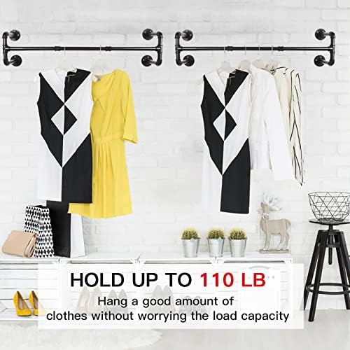 Wall Mounted Clothes Rack - 54" Industrial Pipe Clothing Garment Rack, Space-Saving Heavy Duty Detachable Black Iron Clothes Hanger Pole, Multi-Purpose Hanging Rod for Closet Storage, 4 Base - Image 3