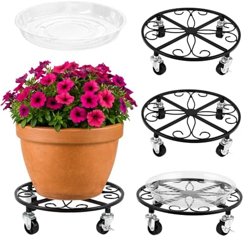 4 Pack Plant Caddy with Wheels 12 Inch Rolling Plant Stand for Large Plants Heavy Duty Plant Rollers Metal Plant Dolly Rustproof Planter Stand Wrought Iron Plant Stands Flower Cart Indoor Outdoor by PartyZealot