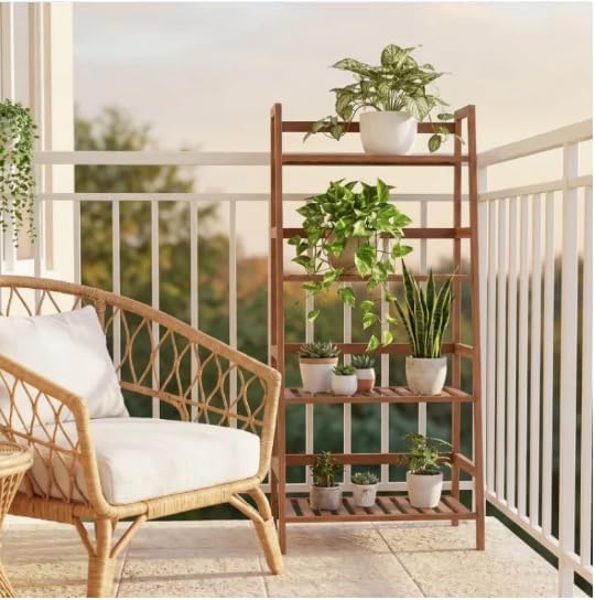4-Tier Bamboo Plant Rack with Guardrails 48x32x114cm by Unknown
