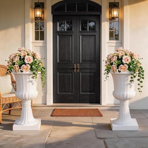2PCS Plastic Urn Planter, Large Flower Urn for Outdoor Patio, Modern Garden Pot with Drainage Hole, Decorative White Vase for Front Porch, 19 Inch (White 2) - Image 4