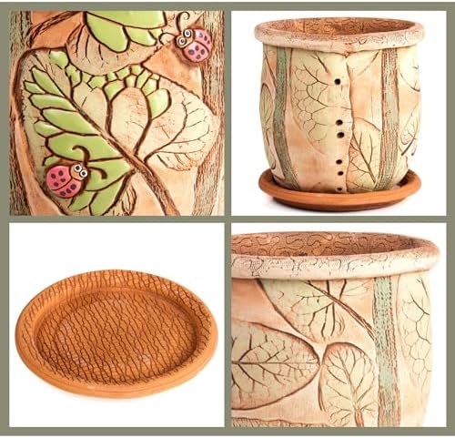 STP GOODS Ceramic Pot with Drainage Hole and Saucer, Plant Pots, Modern Decorative Planters for House Plants Indoor Flowers Plants, Cute Flower Pot - Gifts (Ladybugs (1.6 L)) - Image 6