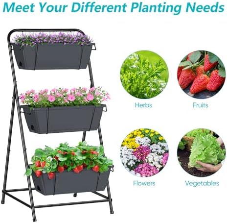 Vertical Garden Planter 3 Tier Raised Garden Bed Herb Planter Outdoor Standing Garden Planter Box with Drainage Holes Removable Tray for Patio Balcony Porch Grey - Image 4