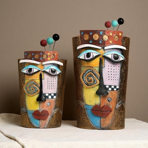 Picasso Abstract Face Flower Pot,Plant Pot with Facial Expressions,Handmade Resin Plant Pot with Drainage Holes,for Indoor and Outdoor Botanical Home décor (Brown Large) - Image 3